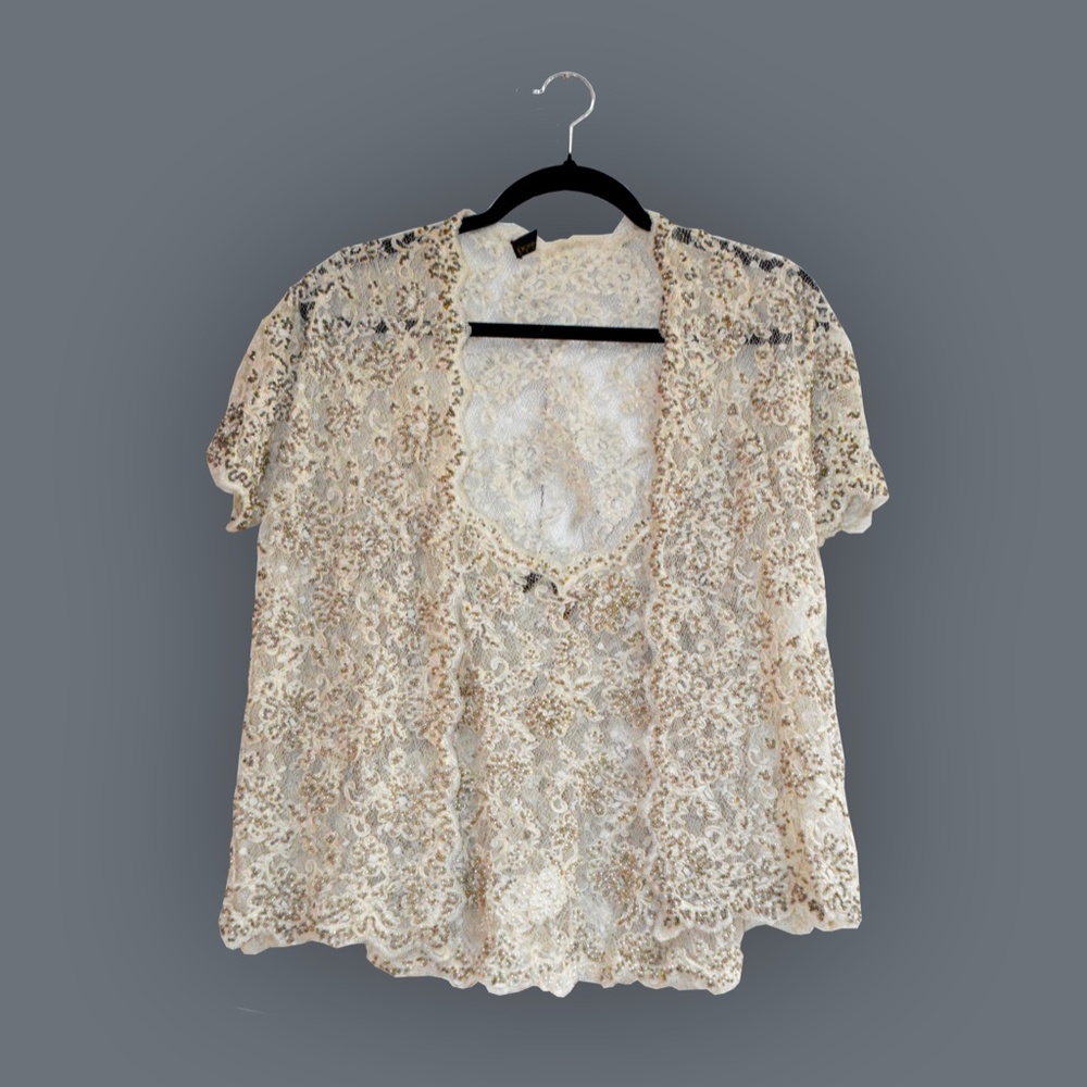 Beaded Sheer Lace Tank And Short Sleeve Cardigan - Picture 1 of 10